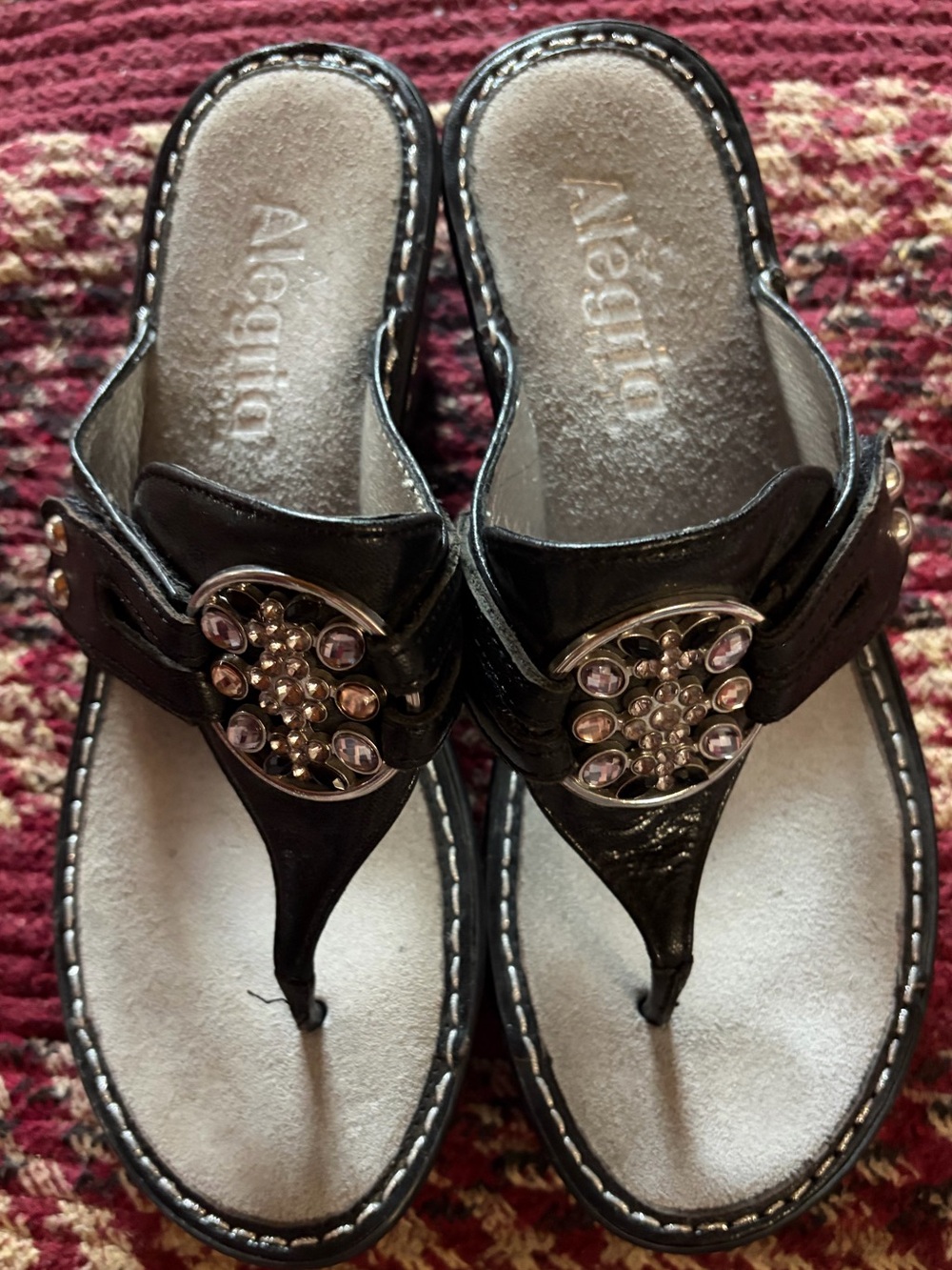 Shoes, Alegrio, Black, Rhinestone Thong Sandals for Women, Size 7